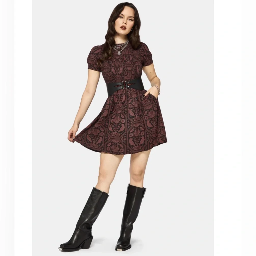 NWT Disturbia Annabel Inverted Raven Print Shirred Mini Dress size 6 - Picture 4 of 10